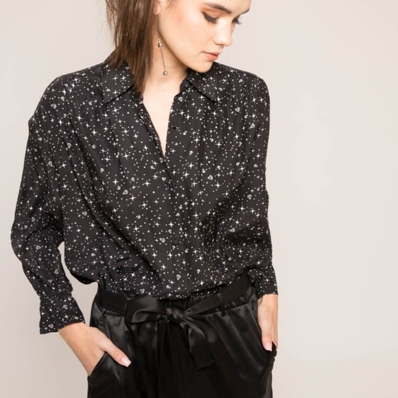 FRAME Diamond Sky Star Silk Print Blouse Top Shirt White Button Down Ruffle XS - Picture 1 of 14
